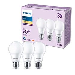 Philips LED E27, confezione da 3 lampadine, equivalente a 60 W, lampadine LED smerigliate, Plastica, Luce Bianca Calda 2700K, LED a risparmio energetico con lunga durata