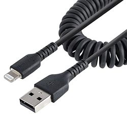 StarTech.com Cable de 1m USB a Lightning con Certificación MFi, Cable Rizado de Carga para iPhone, Negro, con Recubrimiento de TPE, Núcleo de Fibra de Aramida, Cable Lightning Rizado (RUSB2ALT1MBC)