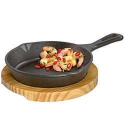 Küchenprofi Gietijzeren serveerpan met houten onderzetter, rond, geschikt voor de oven en alle warmtebronnen, warmte-isolerend, mini-ovenschaal, kleine grillpan, gietijzer, voor koken en serveren