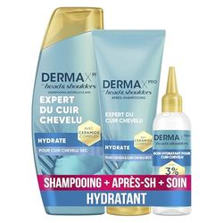 DermaXPro by Head & Shoulders Hydrate Shampoing 250ml, Après-shampoing 220ml Et Soin 145ml, Avec Complexe de Céramides, Pour Cuir Chevelu Sec. Aide à Renforcer la Barrière Cutanée, 72H d’Hydratation