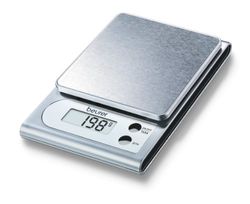 Beurer KS 22 - Balanza de cocina compacta, medición 3 kg/1 gr, Altura nº pantalla 1.5 cm, altura báscula 2.7 cm, función auto tara, plataforma en acero inoxidable