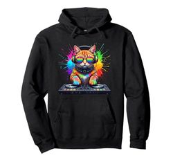 Rainbow DJ Cat con occhiali da sole cuffie EDM musica divertente Felpa con Cappuccio