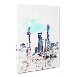 Shanghai Skyline Reflection Watercolour Modern Canvas Wall Art Print Ready to Hang, Framed Picture for Living Room Bedroom Home Office Décor, 30x20 Inch (76x50 cm)