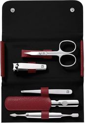 ZWILLING Manicure Set Travel Size 5 Pieces with Nail Clippers in 100% Leather Case Red