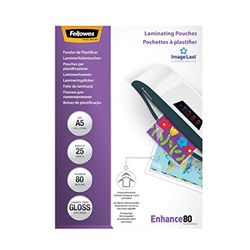 Fellowes A5 Laminating Pouches, Gloss Finish, 25 Sheets, 160 Micron (2 x 80 Micron) High Quality Finish with Image Last Directional Quality Mark - Ideal for Photos and Notices