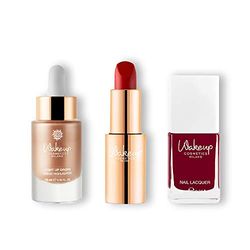 Wakeup Cosmetics - Kit 3 produits - 1x Illuminateur Liquide (Gold Champagne), 1x Rouge à Lèvres Crémeux (Perfect Ruby), 1x Vernis à Ongles (Canelle)