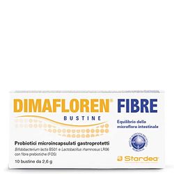 Stardea DIMAFLOREN FIBRE, Probiotici, Prebiotici, Rapido Riequilibrio della Flora Batterica Intestinale, Gonfiore, Flatulenza, Stipsi, Disturbi Gastrointestinali, 2500 mg Fibre, 10 Bustine