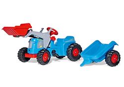 Rollykiddy Klassisk Pedaltraktor med Barnvagn och Frontlastare, Blå/Röd/Svart