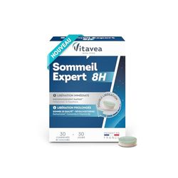 Vitavea - Sommeil Expert 8H - Complément alimentaire sommeil - Mélatonine, Camomille, Vitamine B6, Passiflore - Endormissement Rapide, Sommeil Réparateur- 30 comprimés - 1 mois - Fabriqué en France