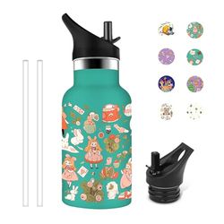 Grsta Borraccia Bambini, 350ml Borraccia Termica, Borraccia Personalizzata Senza BPA, Borraccia con Cannuccia, Facile da Trasportare, Borraccia Termica Bambina, per Scuole, Campeggi, Uffici, Verde