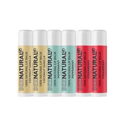 100% Natural Moisturising Lip Balm - Multi Flavour (Peppermint, Coconut Vanilla, Strawberry) Pack of 6