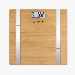 TERRAILLON - Bamboo Fit - Elektronische personenweegschaal, impedentiemeter BMI, dienblad van natuurlijk bamboe, 4 elektroden voor massaanalyse, capaciteit 180 kg, schaal 100 g, lcd-display, bamboe