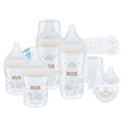 NUK Perfect Match Perfect Start Babyflessenset, vanaf 0 maanden, past zich aan de baby aan, 4 anti-koliek babyflessen, fopspeen, flessenborstel en meer, BPA-vrij, 9 stuks