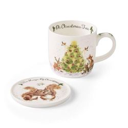 Royal Worcester Wrendale Deigns 0.3 Litre Mug and Coaster Set Oh Christmas Tree