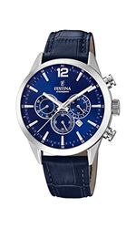 Festina Herenhorloge F20542/2 Timeless Chronograaf Behuizing van roestvrij staal 316L zilver lederen band blauw, Blauw, 43, Strepen