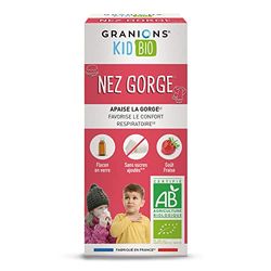 GRANIONS KID BIO GRANIONS NEZ GORGE - Certifié - DOUBLE ACTION : Apaise la gorge & favorise le confort respiratoire - Formule naturelle à base de sirop d'agave -Goût fraise - 125 ml
