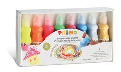 PRIMO - Gouaches lavables pour enfants +3 Ans avec 8 Couleurs Ergonomiques de 50 ml avec Doseur, Peintures pour Tissu, Papier et Verre, Très Couvrantes, Idéales pour Travaux Créatifs