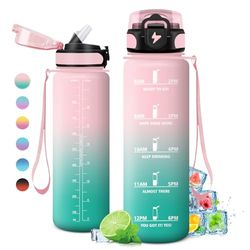 KollyKolla Drinkfles, 1 l, motiverende drinkfles met rietje, sportwaterfles met tijdweergave, drinkfles voor volwassenen, fiets, reizen