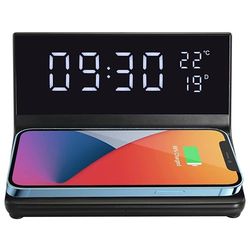 APM Digitale ochtendwekker met led-display, draadloos snellaadstation, digitale klok met thermometer-functie, kalender, snooze, USB-oplaadpoort, instelbare helderheid, 12/24 uur, 425030