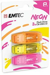 EMTEC C410 USB 2.0 Flash Drive 8 GB Read 5 Mb/S Write 15 Mb/S Compatible with USB 2.0 USB 3.0 Transparent Fluorescent Neon with Cap Pack of 3