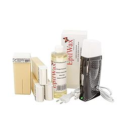 EpilWax - Kit Chauffe Cire Épilation Professionnelle avec 4 x Recharges Roll on Cire à la Vanille, 100 x Bandes d'Épilation et Huile après Épilation - Gamme Royal Black
