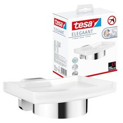 tesa ELEGAANT Soap Holder - No Drill Wall Mounted Satined Glass Soap Dish with Chrome-Plated Holder, Stainless - Waterproof - Includes Removable Glue Solution - 79mm x 124mm x 119mm