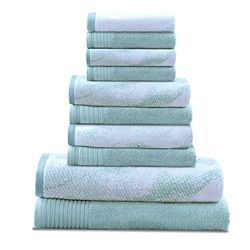 Superior Lot de 10 serviettes assorties en coton uni et marbré comprenant 2 serviettes de bain, 4 mains, 4 débarbouillettes/serviettes pour le visage, douces, absorbantes, accessoires de salle de bain