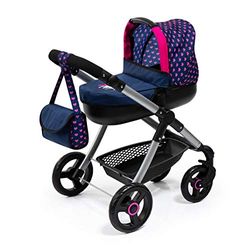 Bayer Design- Cochecito Style con Bolso Cambiador, Carrito Paseo Para Muñecos, Convertible, Plegable, Compatible con Silla de Coche Easygo, Color Azul, con Corazones y Unicornios (12654Aa)