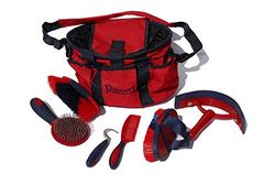 Rhinegold RED GROOMING BAG WITH KIT, 7 Pieces Equestrian Grooming Gift Set that Includes All Types of Horse Hair Brush, Curry Comb, and Hoof Pick with a Multipurpose Horse Grooming Bag