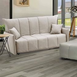 Divano Letto 3 posti Allyson, Sofà con Apertura a Carrello in Tessuto Imbottito, Braccioli Standard, 100% Made in Italy, Cm 190x90h85, Beige