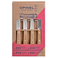 OPINEL - Conjunto de 4 facas de cozinha essenciais - Nº 112 escritório, número 113 serrado, número 114 legumes, descascador nº 115 - lâmina de aço inoxidável - faia envernizada natural