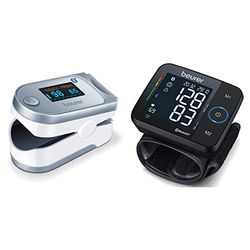 Beurer PO 60 Oxymètre de pouls avec Bluetooth, détermination de la saturation artérielle en oxygène dans le sang & BC 54 Tensiomètre au poignet connecté Bluetooth, technologie par inflation