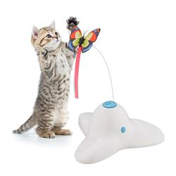 Relaxdays Gioco Gatto Interattivo, Asta Rotante con Farfalla, Giocattolo Gattini, Cat Toy HLP: 33,5x20,5x18 cm, Bianco