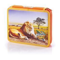 Favorit Estuche grande con 2 cremalleras Leone Della Savana para la escuela, relleno con 18 lápices y 12 rotuladores, 20 cm x 13 cm x 7,5 cm, con 2 compartimentos