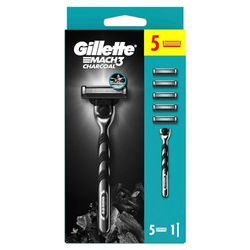 Gillette Mach3 - Rasoio da uomo in carbone, rasoio a 3 lame, 1 rasoio Gillette, 5 lame di ricambio, con manico ispirato al carbone