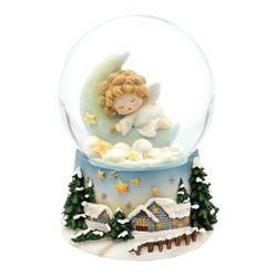Bola de Nieve, ángel durmiendo sobre la Luna, con Mecanismo Musical, melodía: Noche silenciosa, sobre Base Decorada, Bola de 10 x 11 x 15 cm de diámetro 10 cm x 10 cm de diámetro.