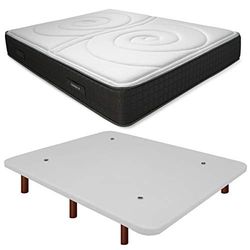 Duérmete Online Base imbottita 3D rinforzata anti rumore + materasso viscoelastico Duo reversibile | gambe in legno color ciliegio, bianco, 90 x 190 cm
