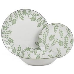 DRW Service de table 18 pièces en porcelaine blanche avec feuilles vertes 27 x 27 x 4 cm