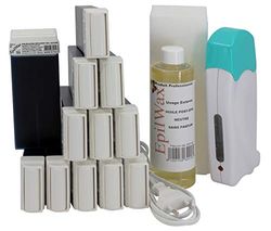 Epilwax Kit Depilacion Calentador de Cera Roll On Tibia Fundidor Electrico Profesional Easy Wax Depilación con Bandas : con 12 Cartuchos roll-on de Cera Azuleno de 100 ml, 1 Paquete de 100 Bandas Depilatorias y una botella de 250 ml de aceite post- Depilacion (Modelo Solo 12 azuleno)