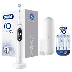 Oral-B iO - 7n - Brosse À Dents Électrique Rechargeable, 1 Manche Haut De Gamme Blanc, avec 4 Brossettes Ultimate Clean, 1 Étui De Voyage Premium