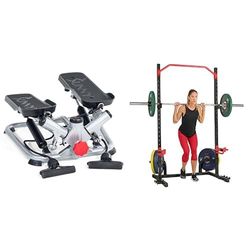 Sunny Health & Fitness Advanced Twist Stepper Machine w/Resistance Bands, Portable Mini + Power Zone Squat Stand Rack Power Cage - SF-XF9931