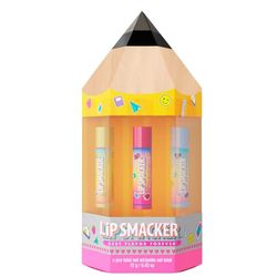 Lip Smacker, Back to School Collection, Pencil Box Lip Balm Trio, 3-Delat Läppbalsamset för Barn, Back to School-Tema Presentset i ett Sött Pennformad förpackning, Roliga Läppbalsam för Barn