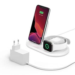 Belkin 3-i-1 trådlös laddare, 7,5 W trådlös laddningsstation för iPhone, Apple Watch och AirPods, trådlös laddare för iPhone 15, 14, 13, laddningsställ för Apple Watch, AirPods och fler - Vit