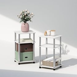 Furinno 3-poziomowa szafka nocna z otwartą szafką nocną, drewno inżynieryjne, biały dąb/stal nierdzewna, 2-pak, plastikowe drążki