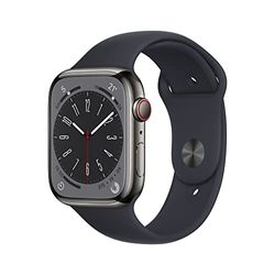 Apple Watch Series 8 (GPS + Cellular, 45mm) Reloj Inteligente con Caja de Acero Inoxidable en Grafito - Correa Deportiva en Color Medianoche - Talla única. Monitor de entreno, Resistencia alagua