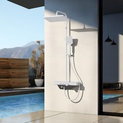 EMKE Colonna doccia termostatica, doccia a pioggia e doccia manuale, altezza regolabile 816-1146 mm, bianco opaco, set doccia con ripiano in vetro, 1146 x 450 x 480 mm
