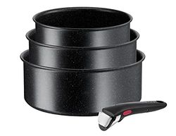 Tefal L39996 Ingenio Black Stone 4-delige casserollenset | stapelbaar | anti-aanbaklaag | geschikt voor inductie | gemaakt in Frankrijk | thermosignaal temperatuurmeter | zwart