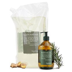 Jean & Len Hand Soap & Shower Gel Refill Pack | Made in Germany | Vegan Liquid Soap with Rosemary & Ginger Fragrance | Environmentally Friendly Glass Bottle + 1.5 L Soap Refill Bag for 3 x Refills
