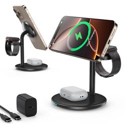 3-in-1 draadloos laadstation, inductief laadstation, 15 W draadloze oplader, compatibel met iPhone 16, 15, 14, 13, 12 Pro Max/Plus, iWatch Ultra 10/9/8/7/SE/6/5/4, AirPods-zwart