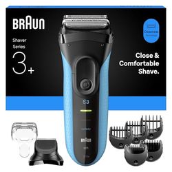 Braun Series 3+ Electric Shaver, 3 Flexible Blades, Wet & Dry Razor for Men with Beard Trimmer Attachment, +5 Combs, Efficiency MicroComb, Made in Germany, 3010BT, Blue